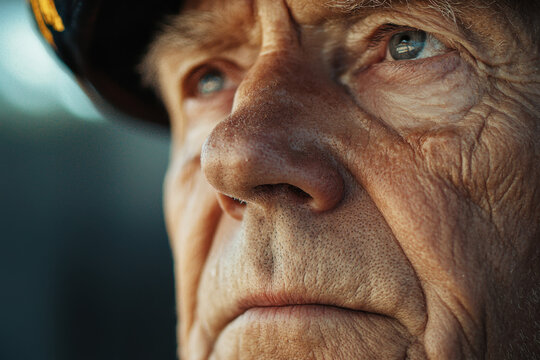 Close-up of an elderly man with thoughtful expression under soft lighting.