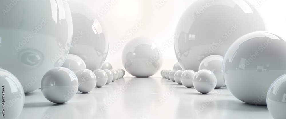 Poster abstract geometric design. many white spheres of different sizes placed on white surface. spheres fo