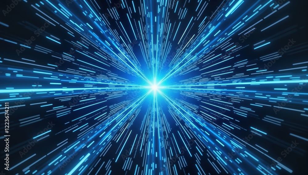 Poster Abstract illustration presents symmetrical radial blue lighting effect on grid perspective background. Dynamic glowing lines radiate outward creating futuristic tech design. Motion, speed implied by