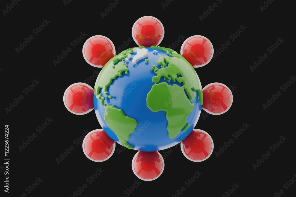 Poster a 3d rendering of a globe surrounded by red spheres representing connections.