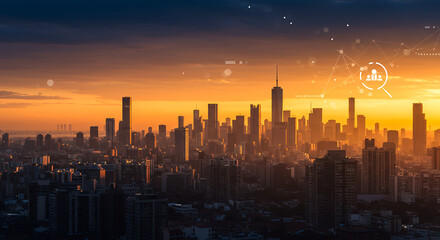 Fototapeta premium Golden Hour Cityscape with HR Tech Overlay: Talent Acquisition in Urban Environments