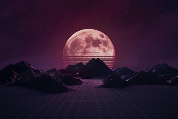 A large, pink moon rises over a mountainous landscape with a retro grid pattern in the foreground.