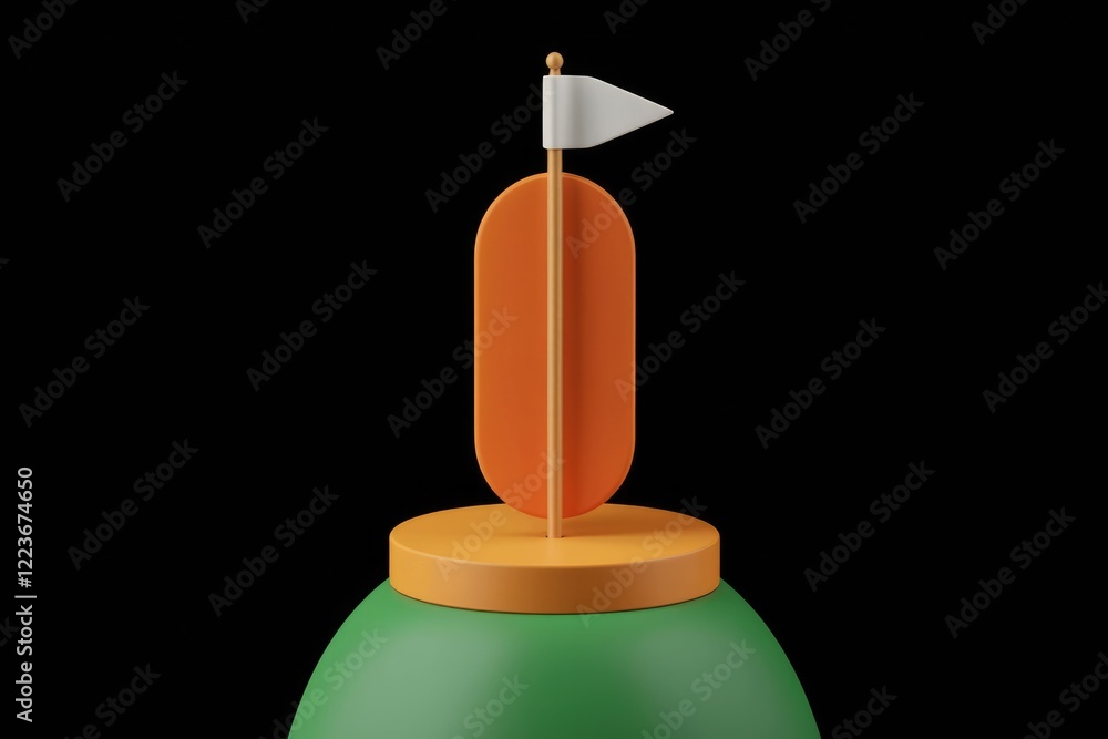 Poster a 3d rendering of an orange flagpole with a white flag on top, placed on a green and orange platform