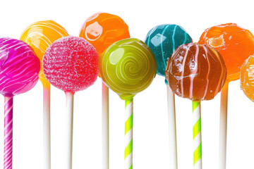 Colorful candy lollipops on sticks arranged artistically with vibrant hues against a white backdrop during a delightful sweet treat display isolated on transparent background