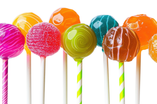 Colorful candy lollipops on sticks arranged artistically with vibrant hues against a white backdrop during a delightful sweet treat display isolated on transparent background