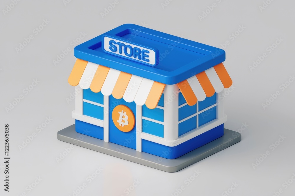 Aufkleber a 3d rendering of a blue store with an awning and a bitcoin symbol on the door.