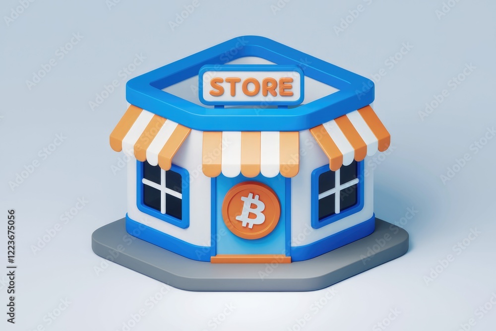 Poster a 3d model of a store with a bitcoin symbol on the door.