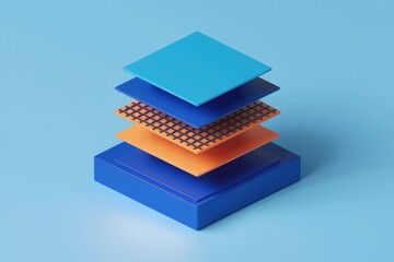 Abstract 3D illustration of layered squares in blue, orange, and black.