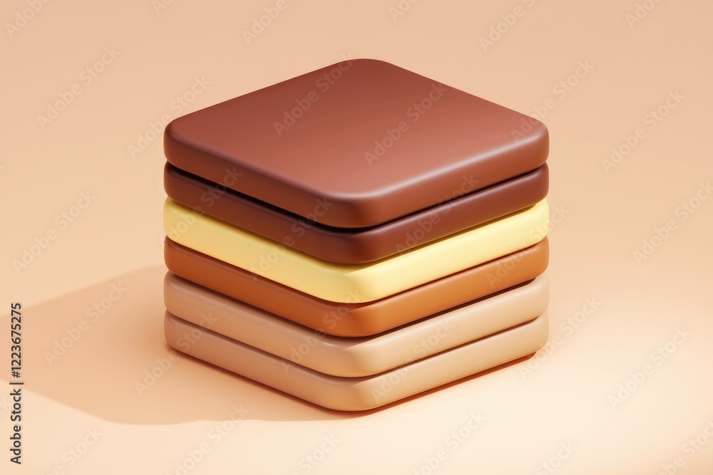 Poster a 3d rendering of a stack of square blocks in brown, beige, and yellow.