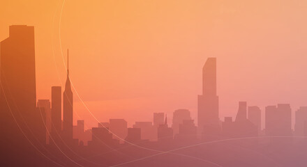 Serene Sunset Cityscape Silhouette: Peaceful Urban Panorama at Dusk