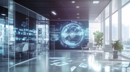 A high-tech augmented reality interface projected in a modern office, clean and futuristic workspace, High-tech style