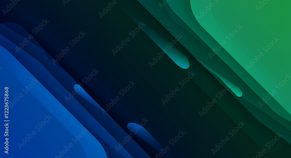 Poster abstract green and blue gradient background with overlapping shapes and teal droplets