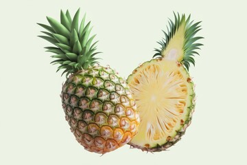 A whole pineapple and a sliced pineapple on a light green background.
