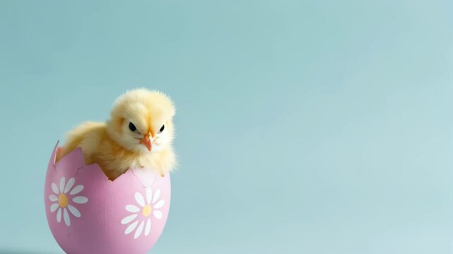 Newborn yellow chick sitting in a pink easter egg decorated with white flowers on a light blue background