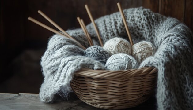 Basket Of Knitting Needles And Yarn Balls: A Cozy Collection For Crafting And Creating Beautiful Handmade Projects At Home.