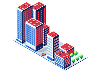 Modern isometric city with skyscrapers and office buildings
