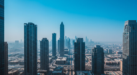Obraz premium Stunning Aerial View of Dubai's Modern Skyline at Sunrise