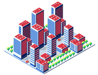 Modern isometric city center with skyscrapers and green trees