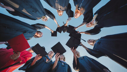Students in a circle raising their graduation caps in celebration of their academic success