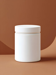 Modern packaging design concept featuring a white plastic jar against a brown backdrop with a curved accent, ideal for healthcare, wellness, or skincare product advertising