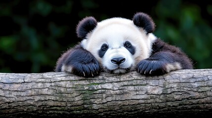 Obraz premium Playful panda cub rests on log, lush green background, wildlife conservation