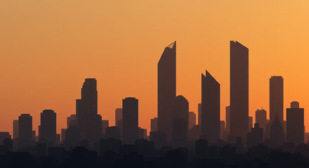 Naklejka premium Silhouetted Cityscape at Sunset, Modern Architecture Skyline
