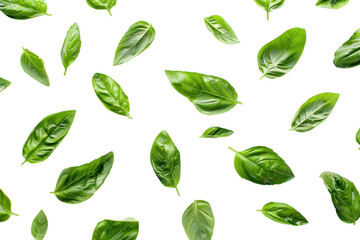 Fresh basil leaves scattered artistically on a clean white background, showcasing their vibrant green hues and unique shapes isolated on transparent background