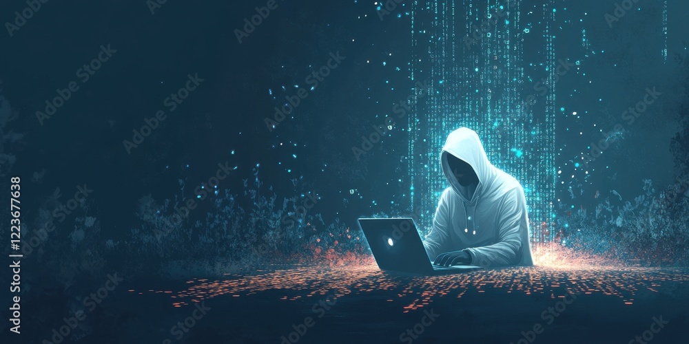 Poster a hooded figure sitting at an open laptop, surrounded by digital code and data streams on a dark blu