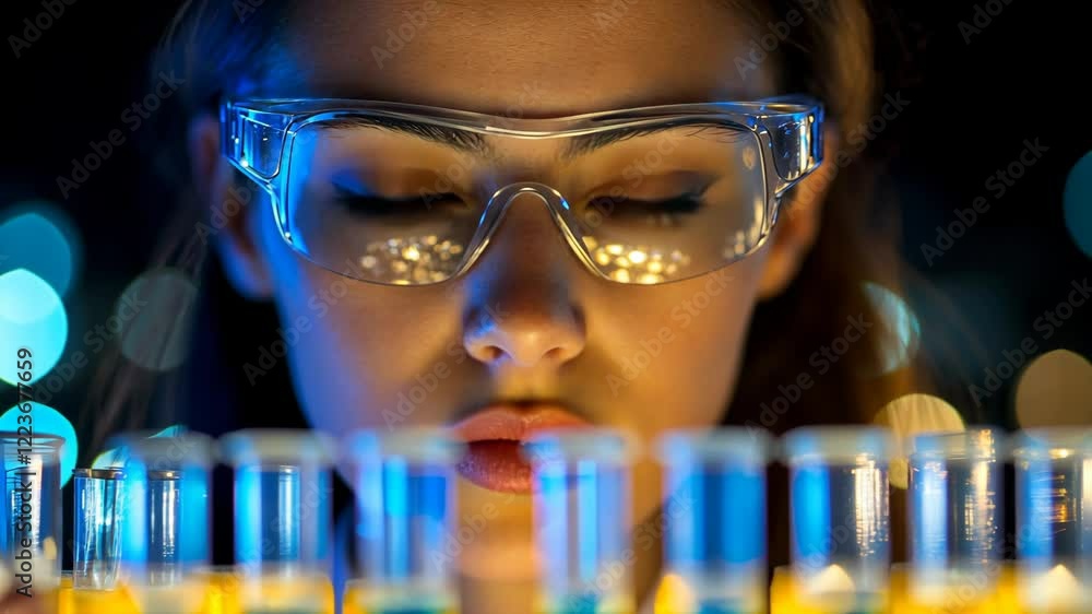 Poster female scientist conducts experiment with colorful solutions in laboratory during evening hours in v