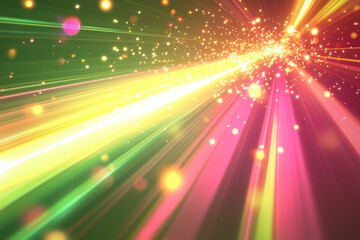 Dynamic burst of golden light beams with colorful sparkling effects