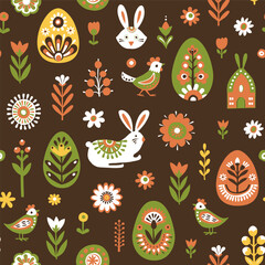 Scandinavian Easter Pattern with Bunnies, Eggs, Flowers, and Birds
