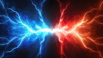 Dynamic electric blue and red lightning bolts clash against a dark background, creating a dramatic and vibrant visual effect. 
