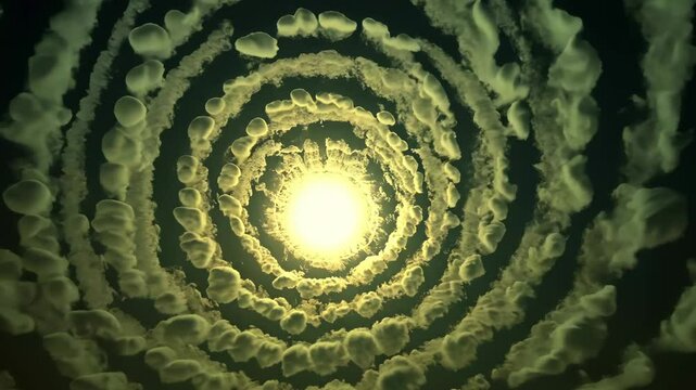 Swirling clouds forming a spiral pattern surrounding a bright sun in the sky during daylight hours