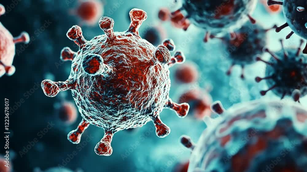 Poster microscopic view of a virus highlighting its structure and features under a digital lens
