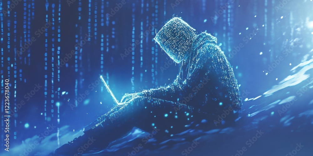 Poster ai hacker in the form of holographic code, wearing a hoodie and sitting on laptop, surrounded by blu