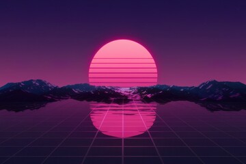 A retrostyled sunset over a mountain range reflected in a gridded water.