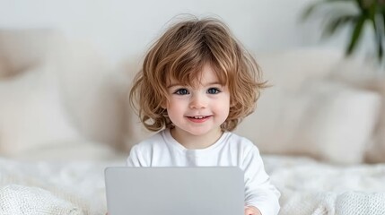 Toddler girl using tablet, bedroom, cozy, happy.  For parenting blogs