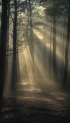 Naklejka premium Foggy Forest Dawn: Sunlight Patterns and Tranquil Nature Scenery for Posters and Prints