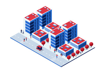 Isometric smart city with modern buildings, trees, streets and people walking