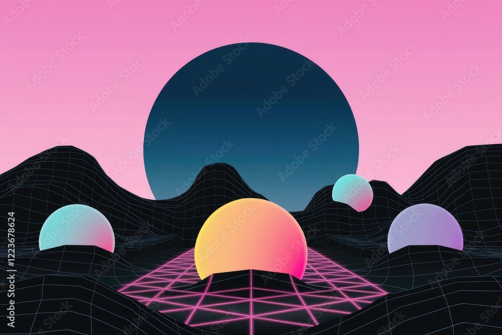 Aufkleber a retro futuristic landscape with glowing orbs and a grid pattern.