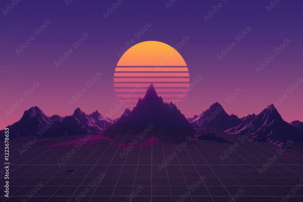 Poster a retrofuturistic landscape with mountains and a sun with a grid pattern in the foreground.