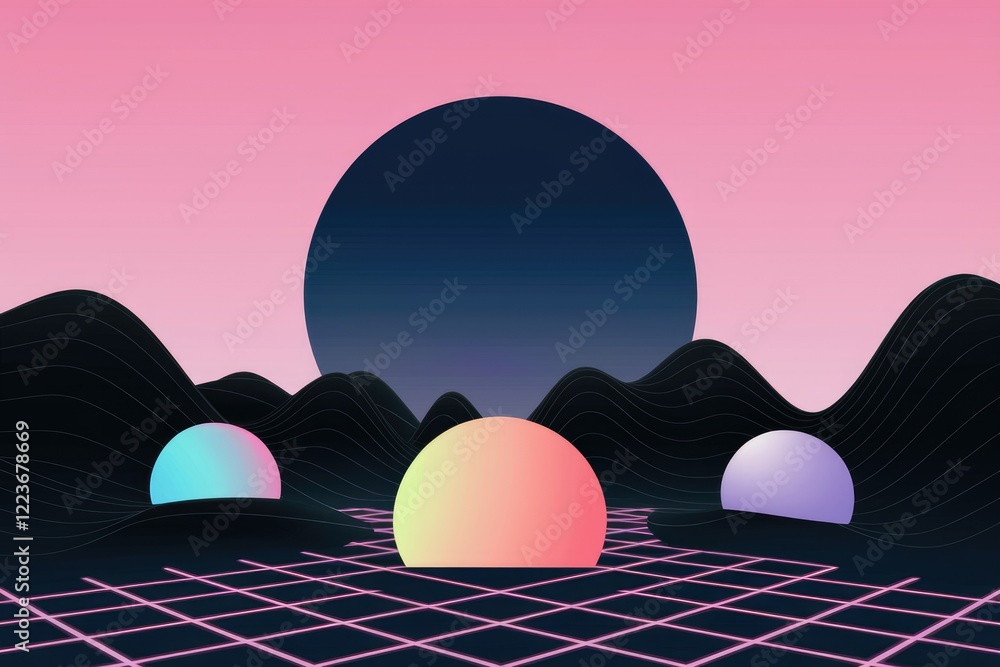 Poster a retrofuturistic landscape with a large black sun and three orbs, surrounded by wavy hills and a gr
