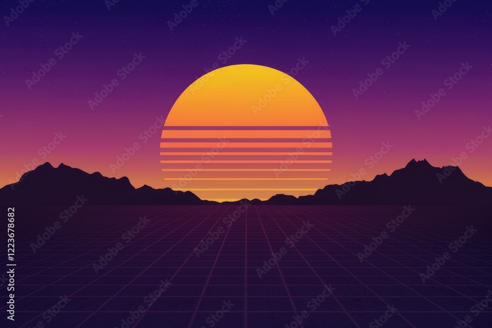 Poster a retroinspired landscape with a large sun and a grid pattern.