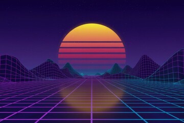 A retrofuturistic landscape with a large sun setting behind wireframe mountains.