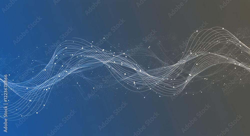 Poster abstract wave background with connected lines and dots - technology and data visualization concept
