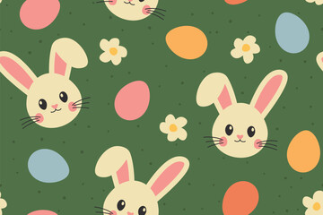 seamless spring, easter pattern with bunnies, colorful eggs and daisy flowers- vector illustration