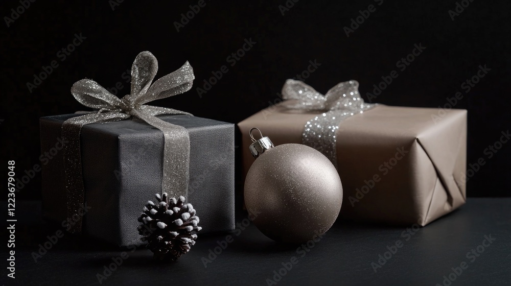Poster two boxes with a pinecone and a silver ball on top of them. the pinecone is on the left box and the 
