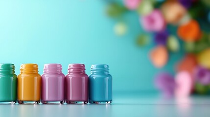 Colorful nail polish bottles arranged on a table, blurred floral background, beauty concept, ideal for cosmetic ads
