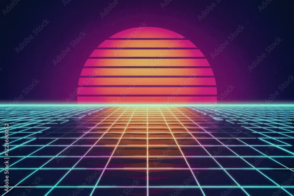 Poster a retrofuturistic sunset with a grid pattern and a glowing orb.