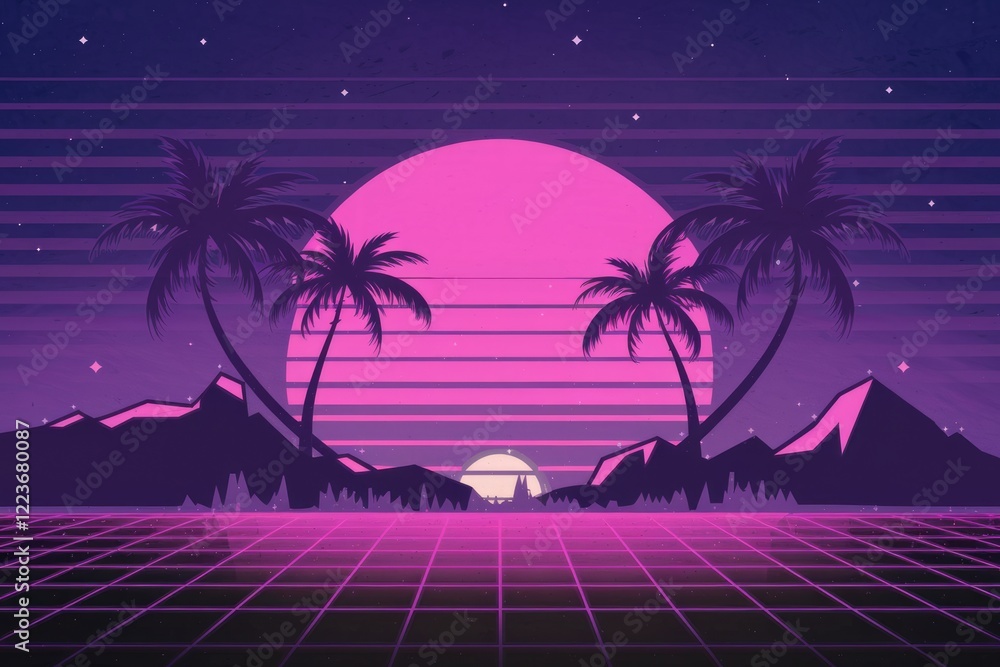 Poster retro futuristic sunset with palm trees and a grid pattern